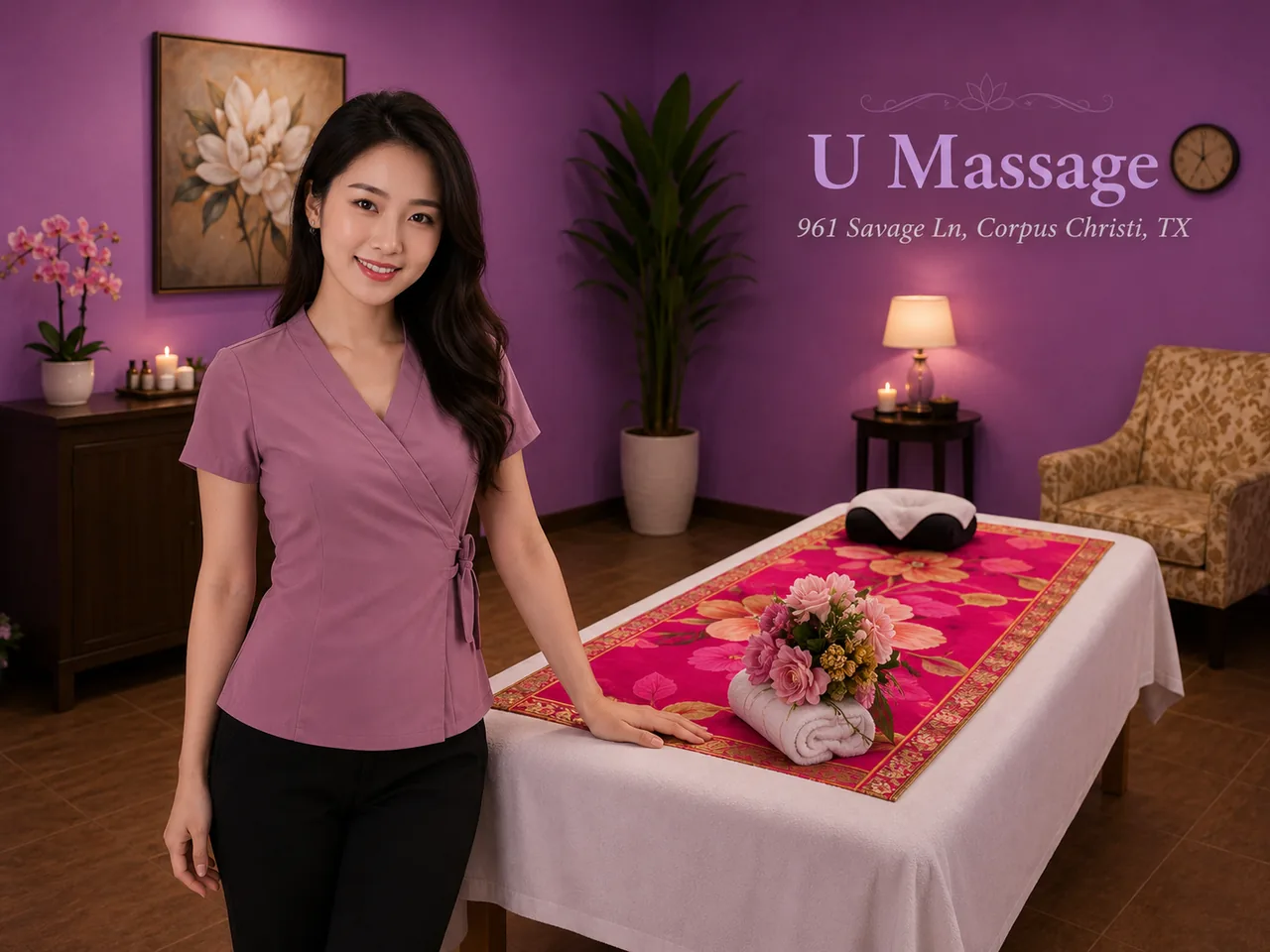 Friendly massage therapist beside a freshly made table in a clean private room at U Massage in Corpus Christi TX