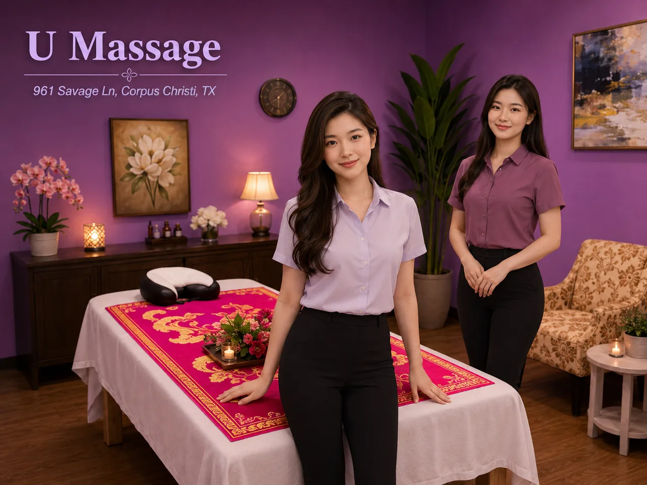 Two friendly massage therapists in a clean private room at U Massage in Corpus Christi TX