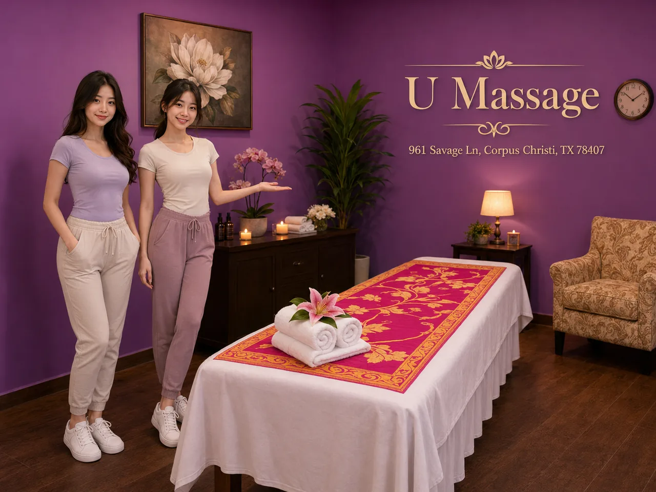 Friendly massage therapists beside a clean table at U Massage in Corpus Christi TX