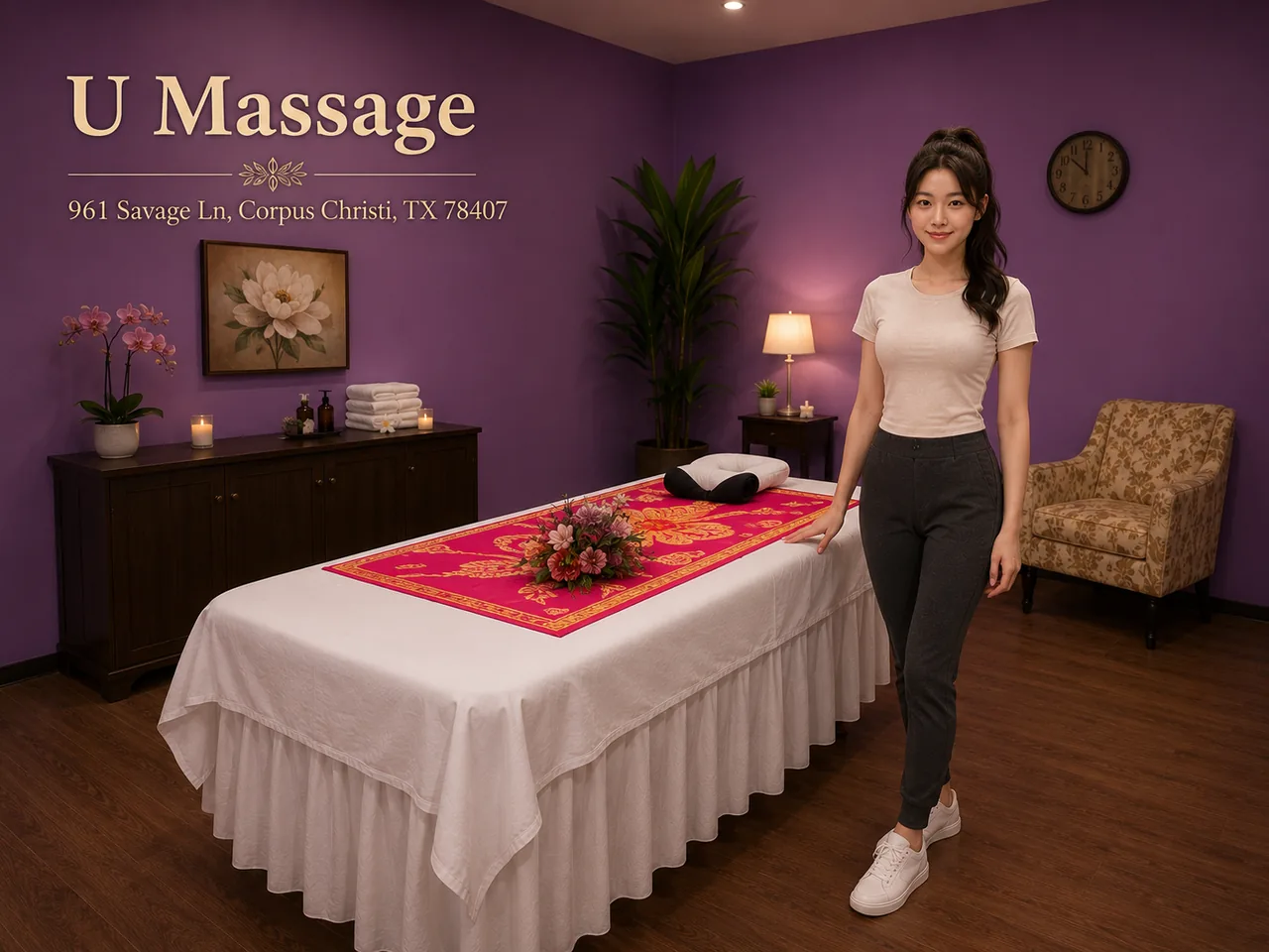 Friendly massage therapist beside a freshly made table in a clean private room at U Massage in Corpus Christi TX