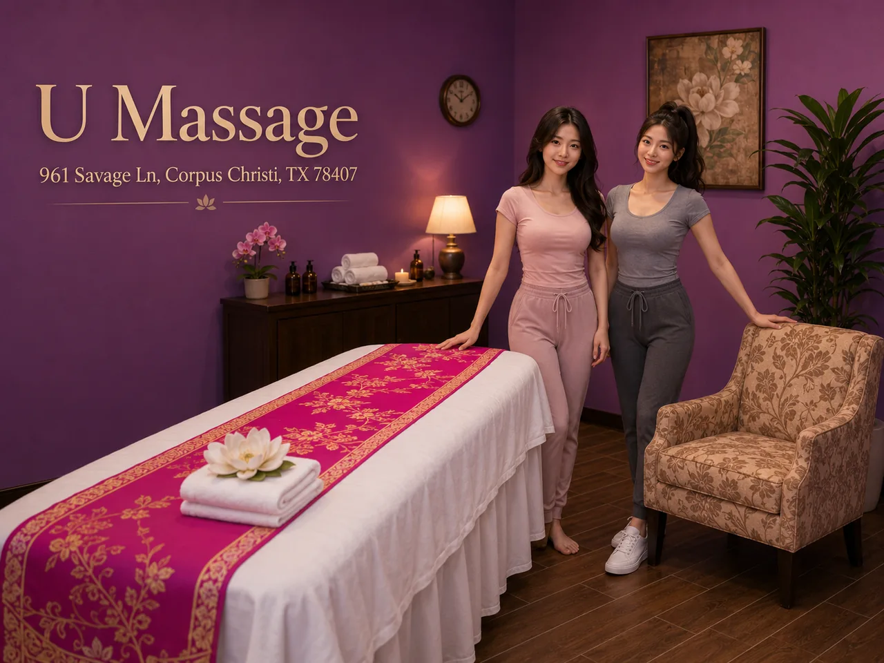 Two friendly massage therapists ready to welcome guests at U Massage in Corpus Christi TX