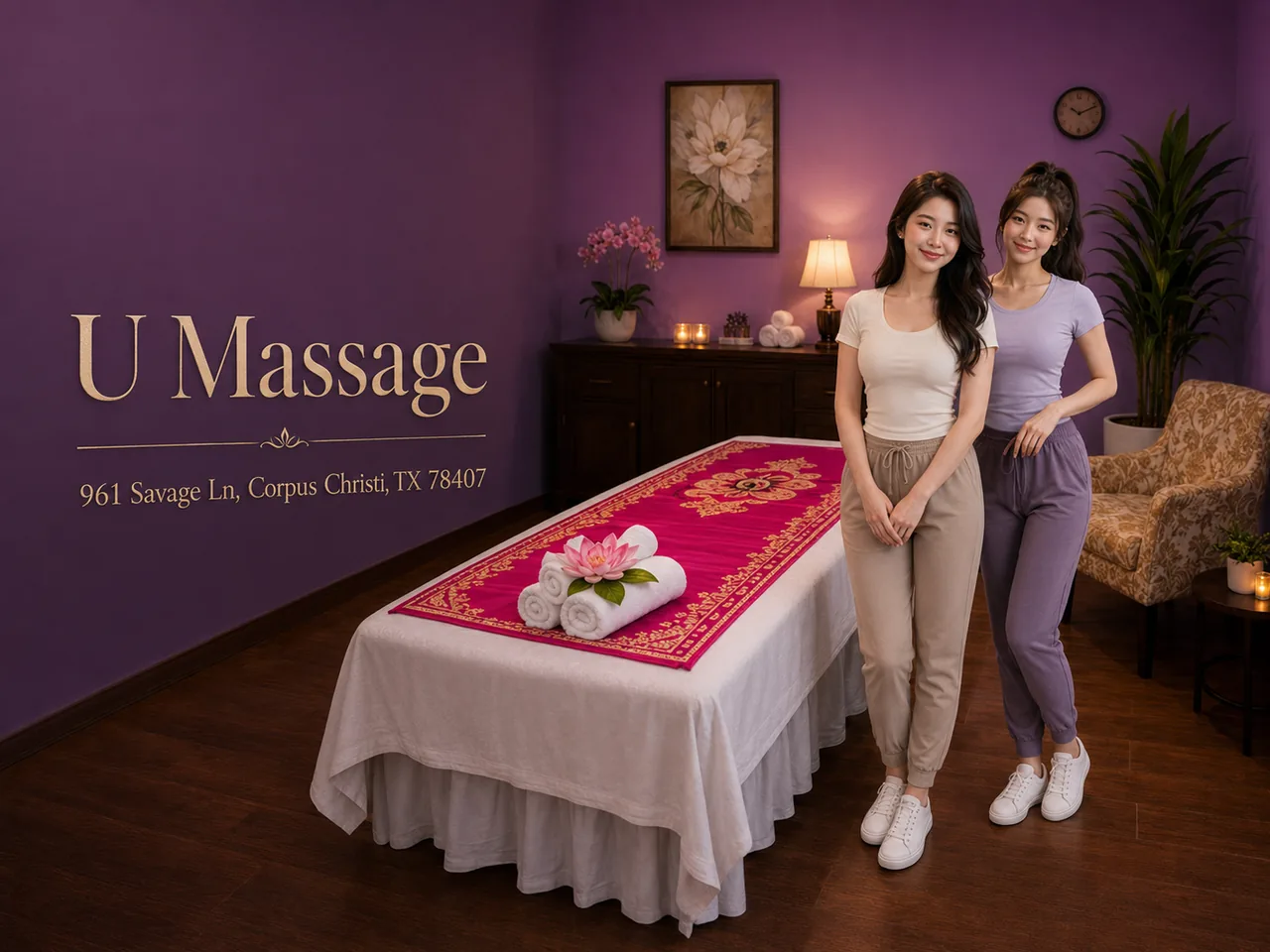 Two friendly massage therapists beside a freshly made table in a clean private room at U Massage in Corpus Christi TX